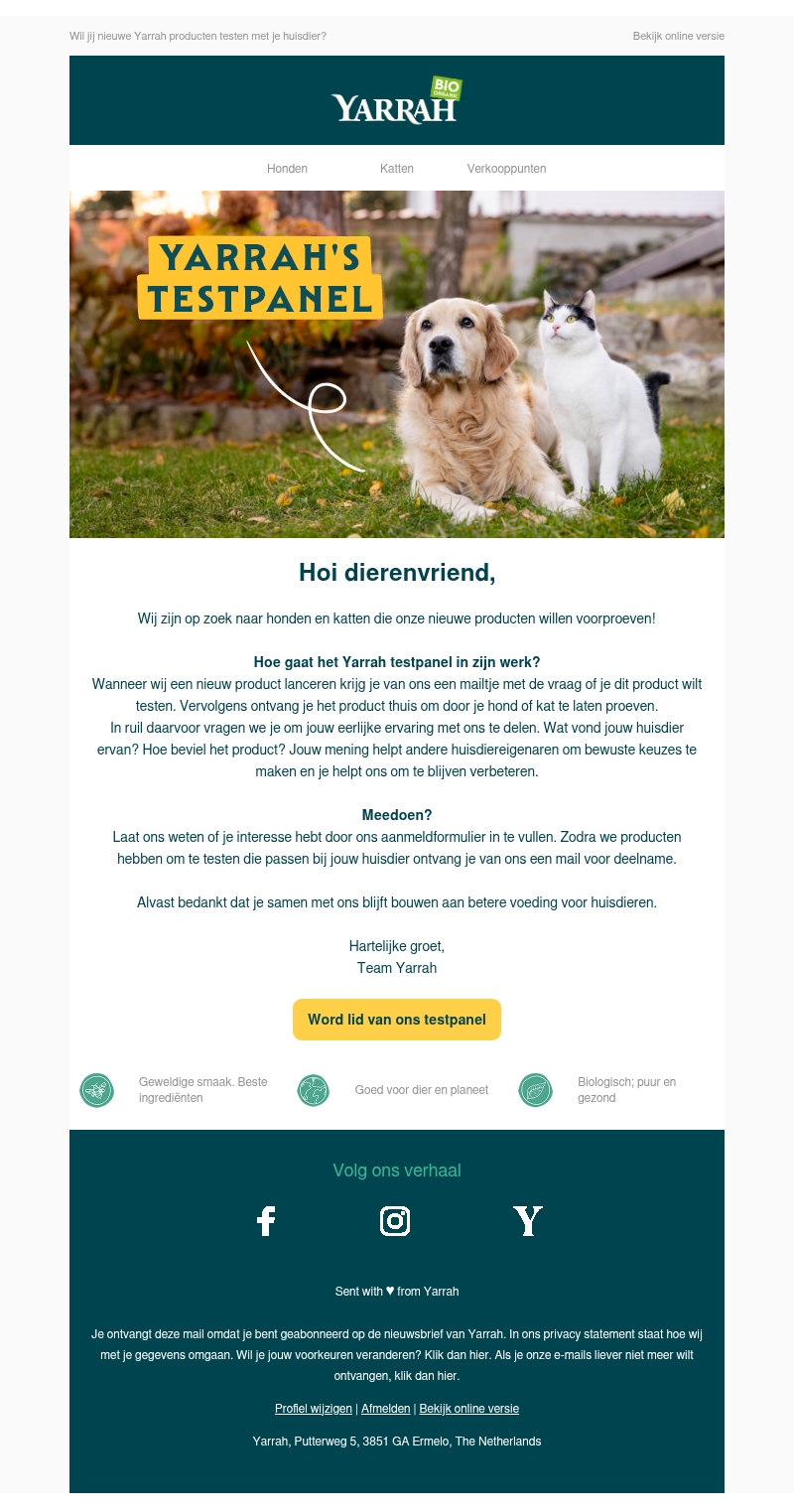 Wil jij nieuwe Yarrah producten testen met je huisdier? Wil jij nieuwe Yarrah producten testen met je huisdier?