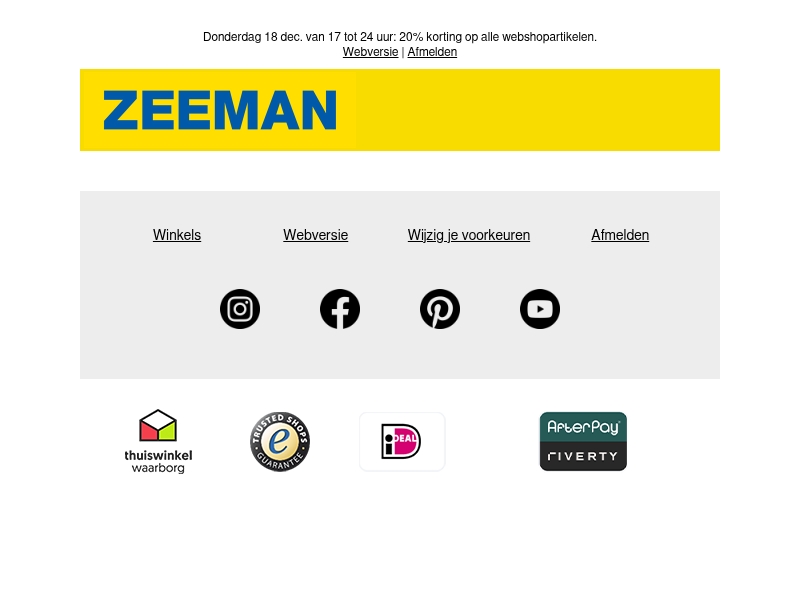 20% korting op alle artikelen in onze webshop 20% korting op alle artikelen in onze webshop