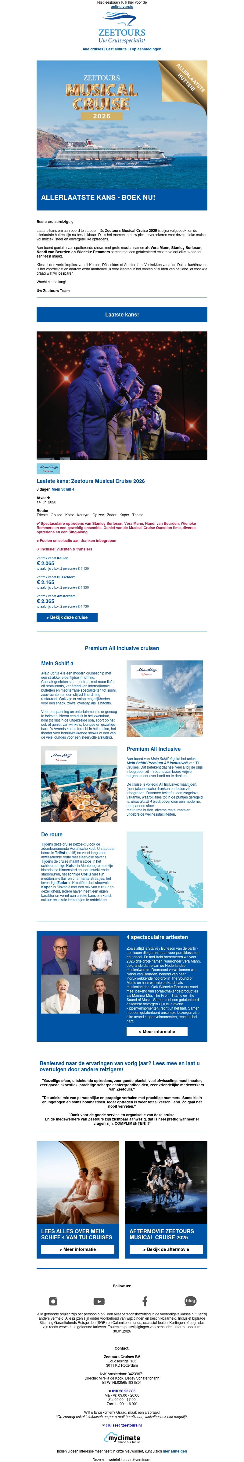 Nu of nooit: Laatste hutten voor de Zeetours Musical Cruise 2026 Nu of nooit: Laatste hutten voor de Zeetours Musical Cruise 2026