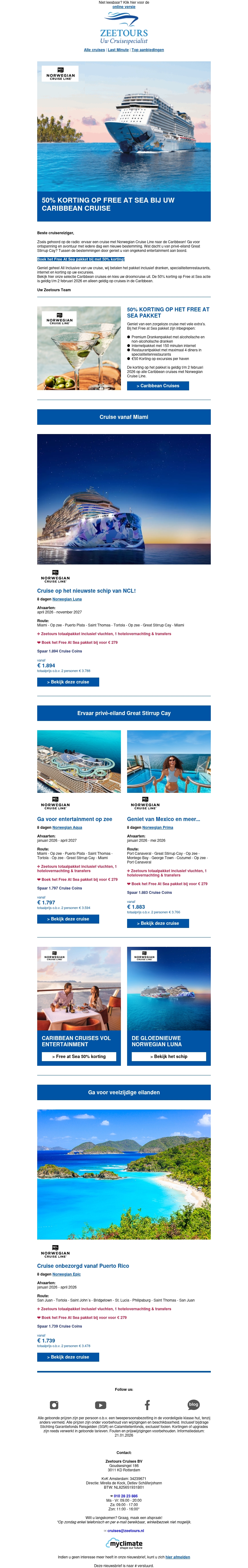 50% korting op Free at Sea bij Norwegian Cruise Line 50% korting op Free at Sea bij Norwegian Cruise Line