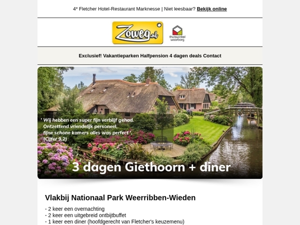 3 dagen Giethoorn incl. diner v.a. 89,-