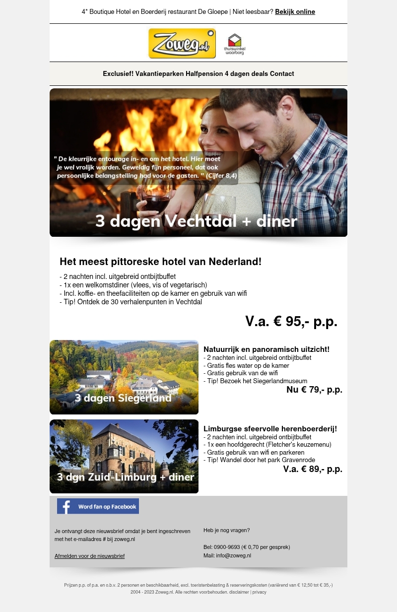 3 dagen Vechtdal + diner v.a. 95,- 3 dagen Vechtdal + diner v.a. 95,-
